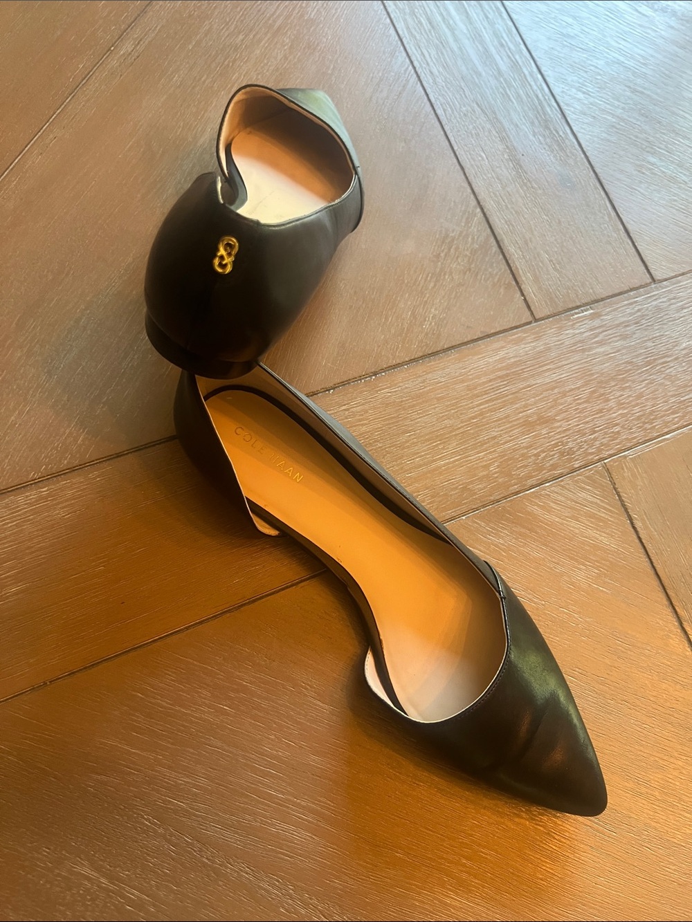 Cole Haan Black Pointed-Toe D'Orsay Flats with Gold Accent
